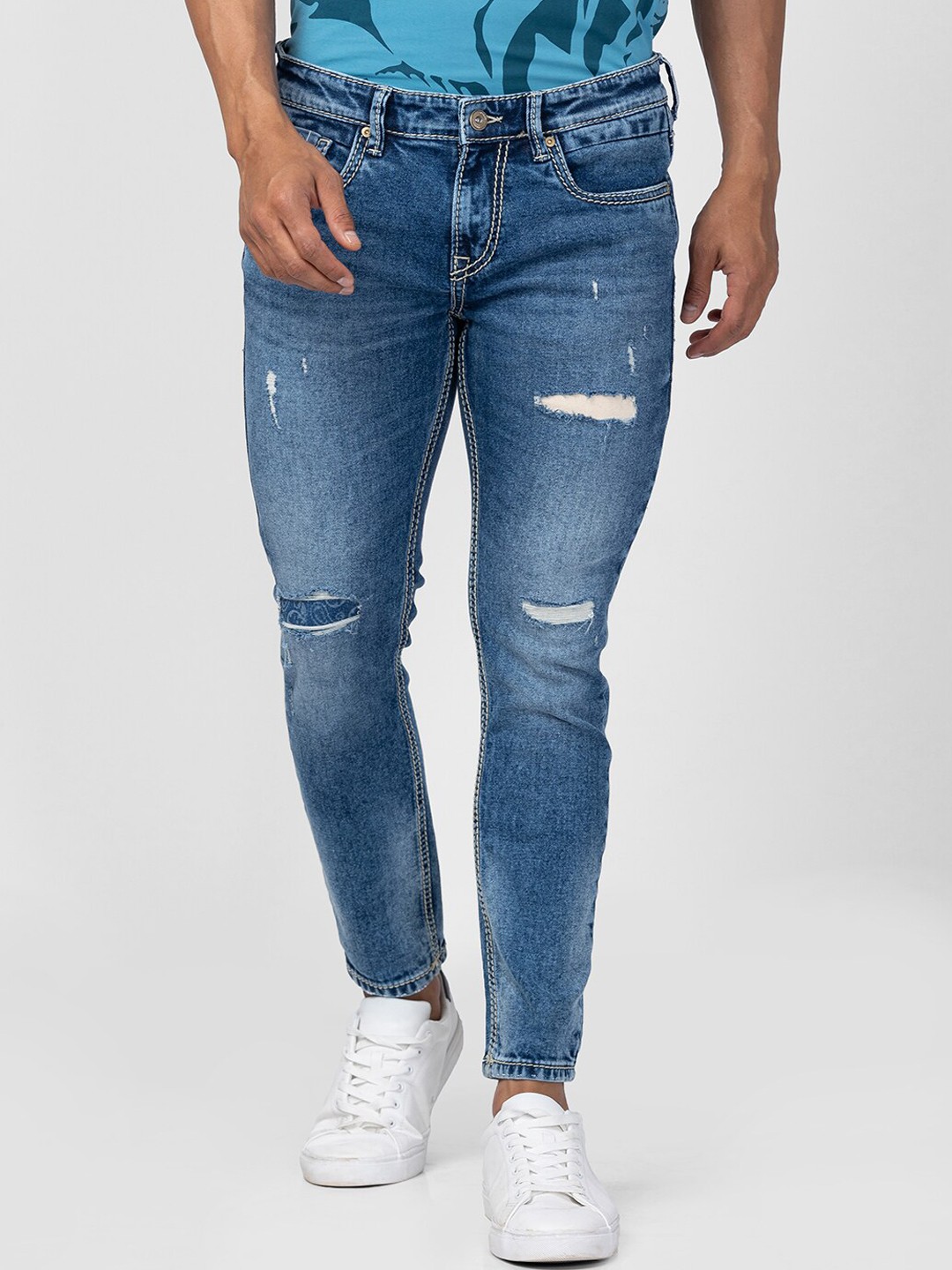 

SPYKAR Men Slim Fit Slash Knee Light Fade Cotton Jeans, Blue
