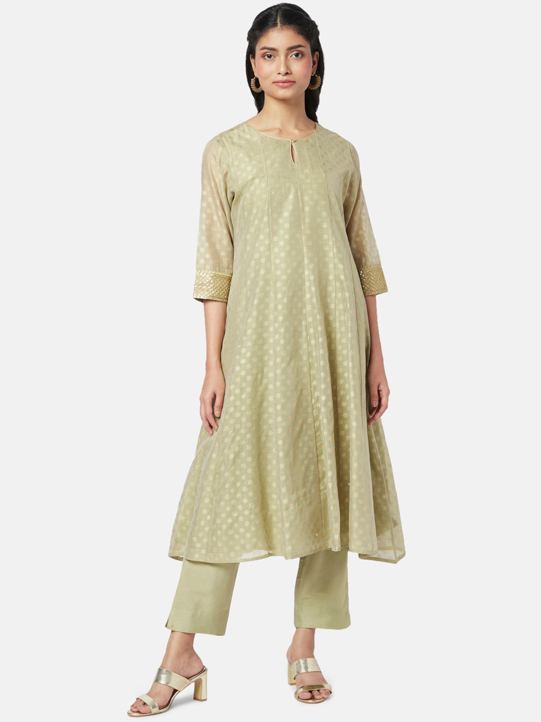 

RANGMANCH BY PANTALOONS Ethnic Motifs Printed Chanderi Cotton Kurta with Trousers Dupatta, Green