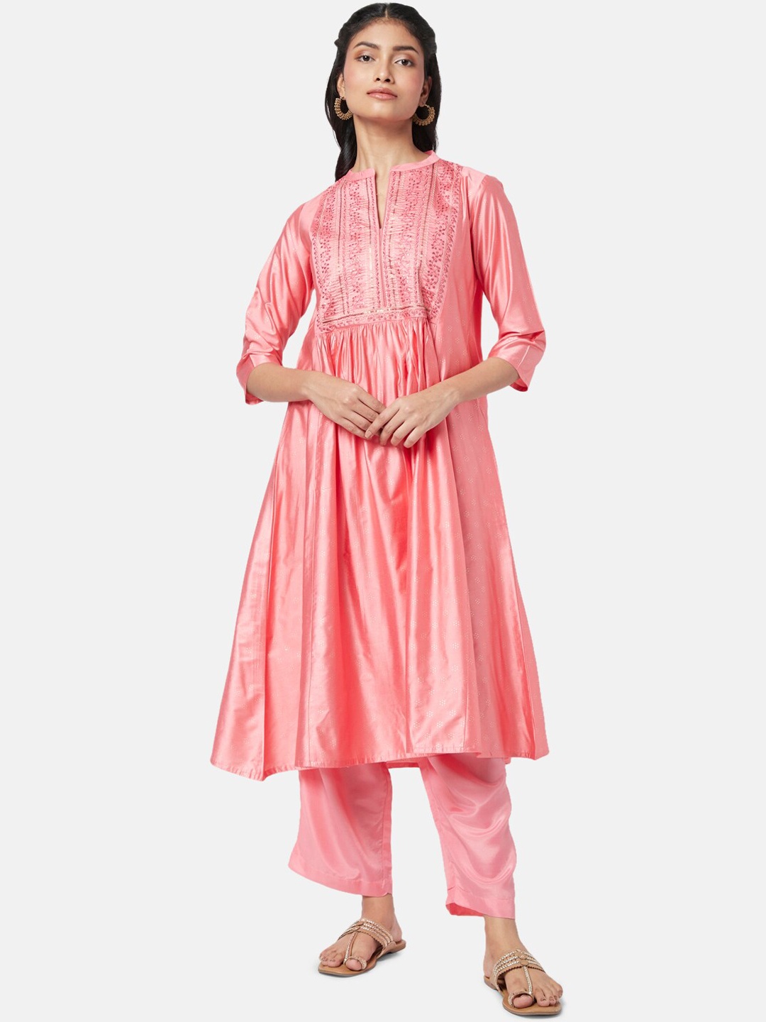 

RANGMANCH BY PANTALOONS Floral Embroidered Thread Work Kurta with Trousers, Pink