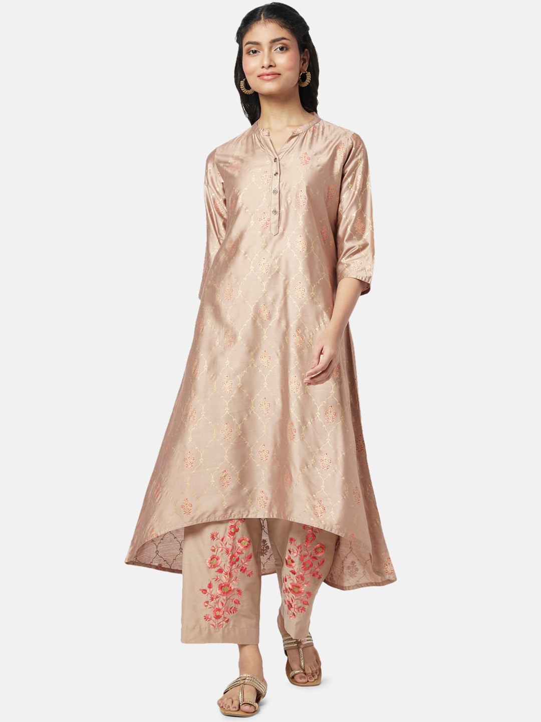 

RANGMANCH BY PANTALOONS Floral Printed Thread Work Pure Cotton Kurta with Palazzos, Beige