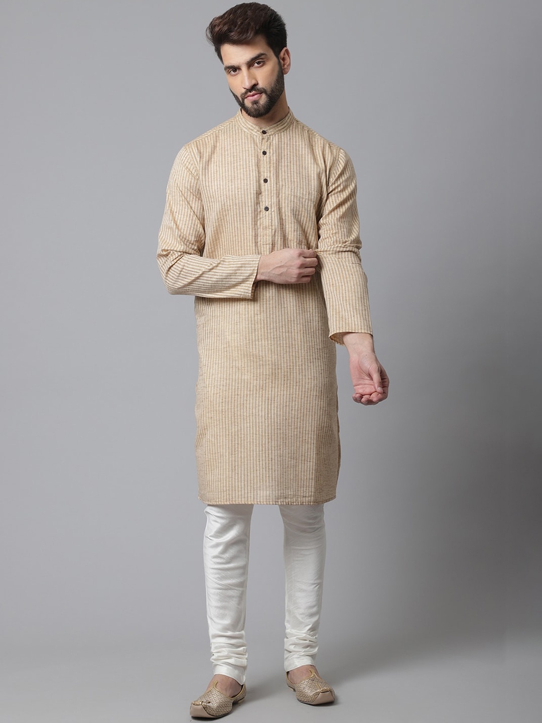 

even Men Cotton Striped Kurta, Beige