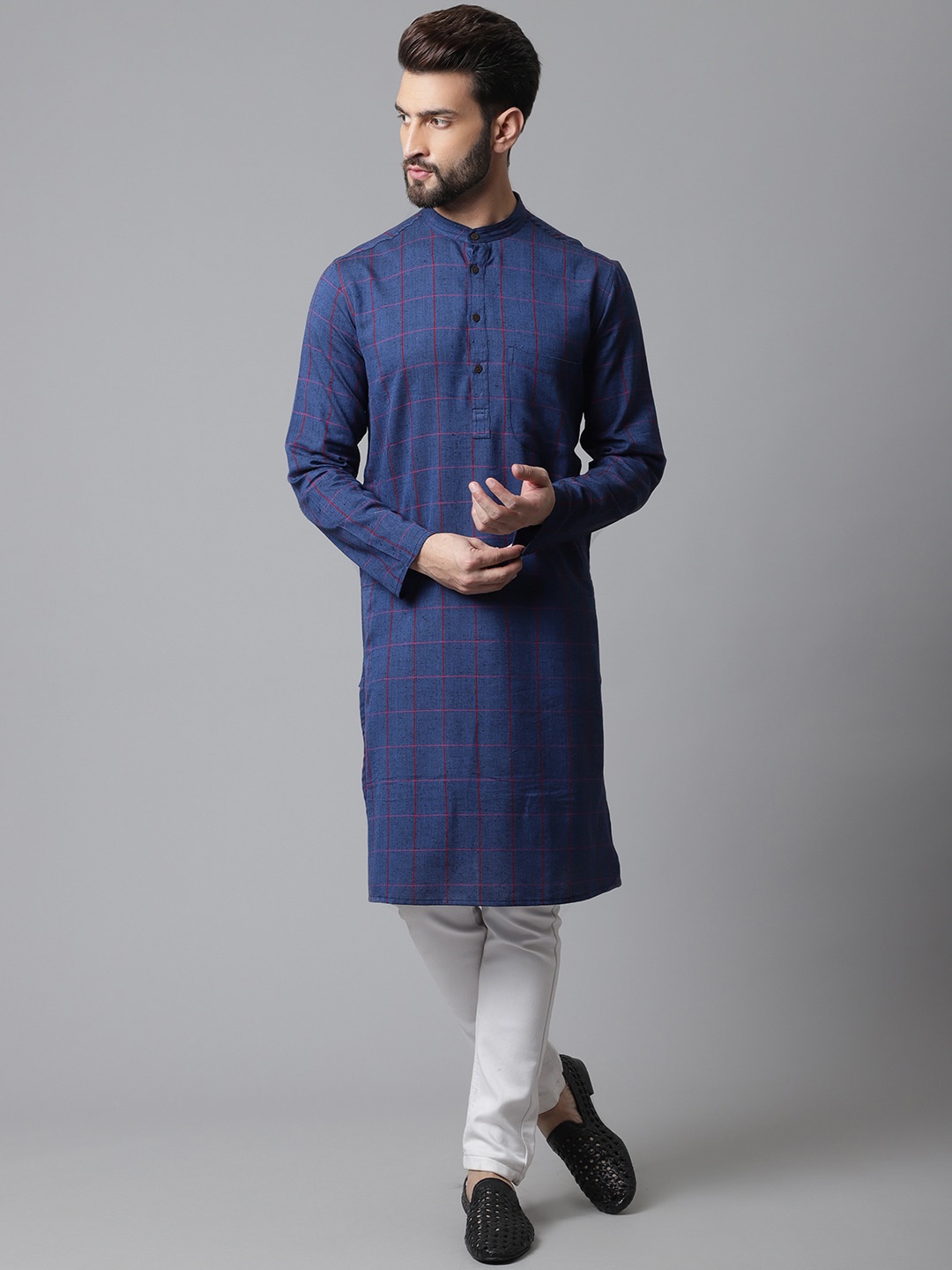 

even Men Cotton Checked Kurta, Blue