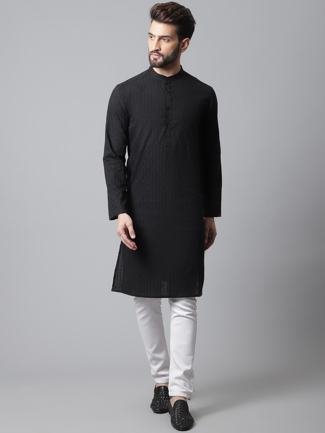 

even Men Cotton Striped Kurta, Black