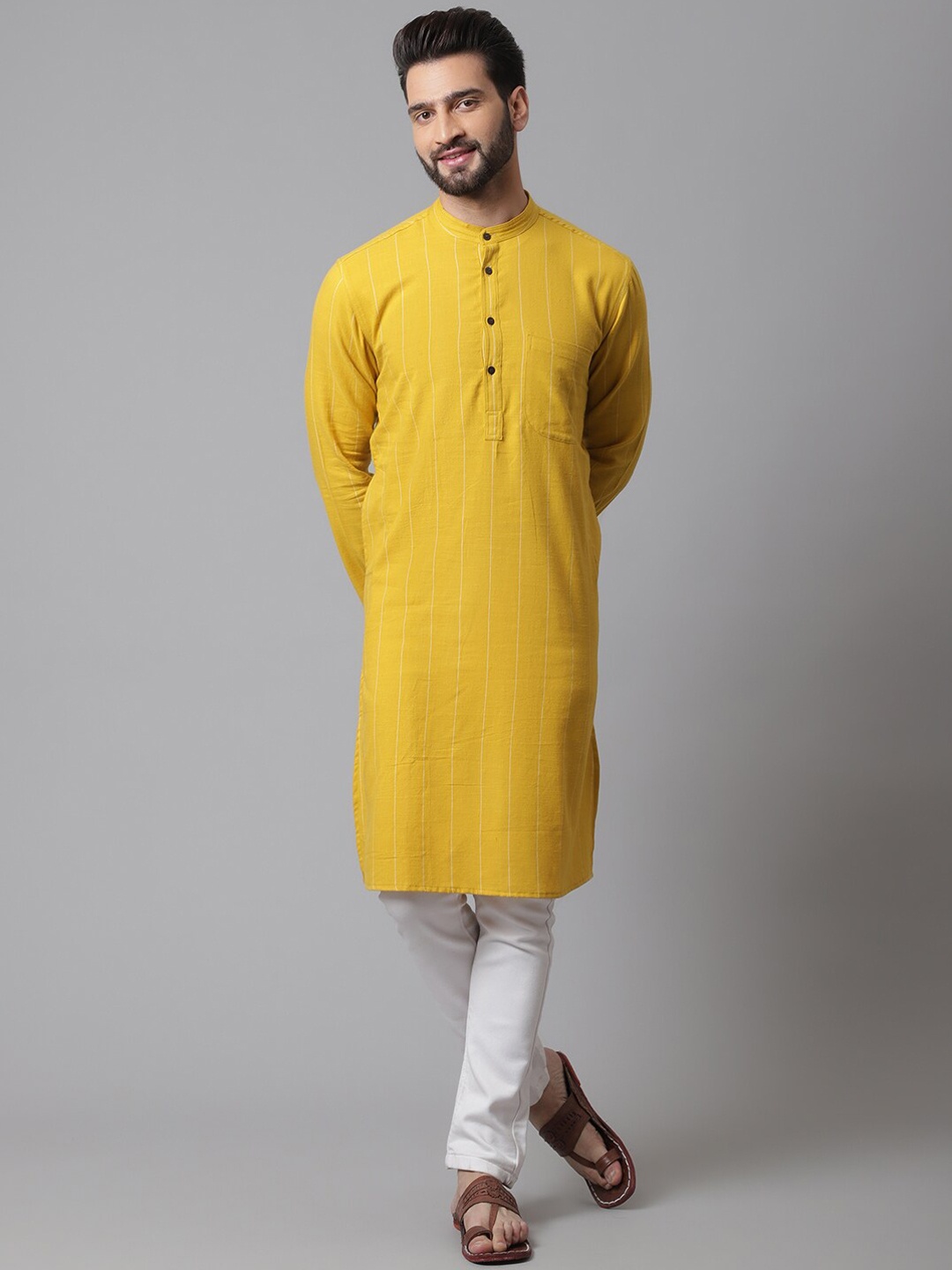 

even Men Linen Kurta, Yellow