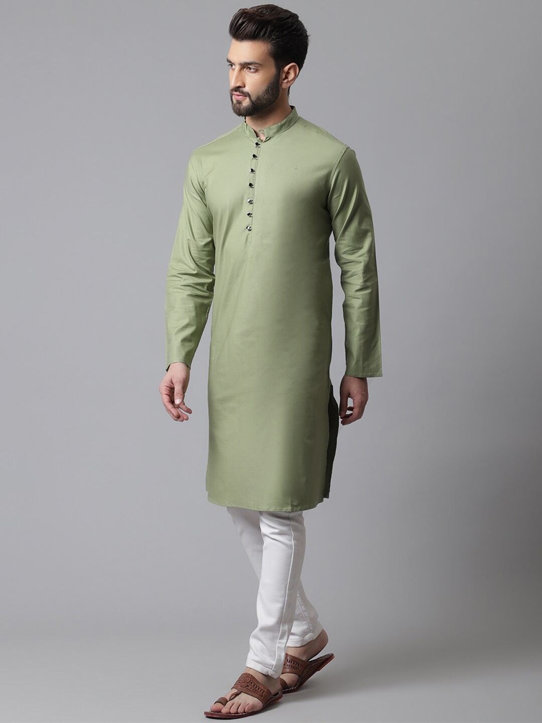 

even Men Pure Cotton Long Sleeves Straight Kurta, Green