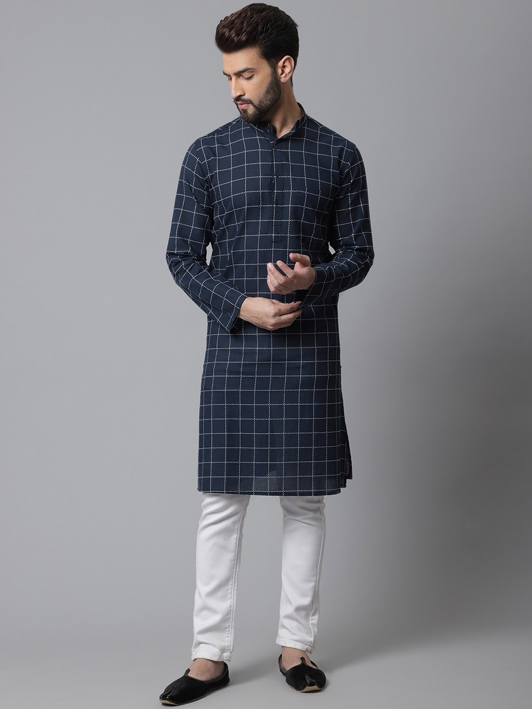 

even Men Cotton Checked Kurta, Blue