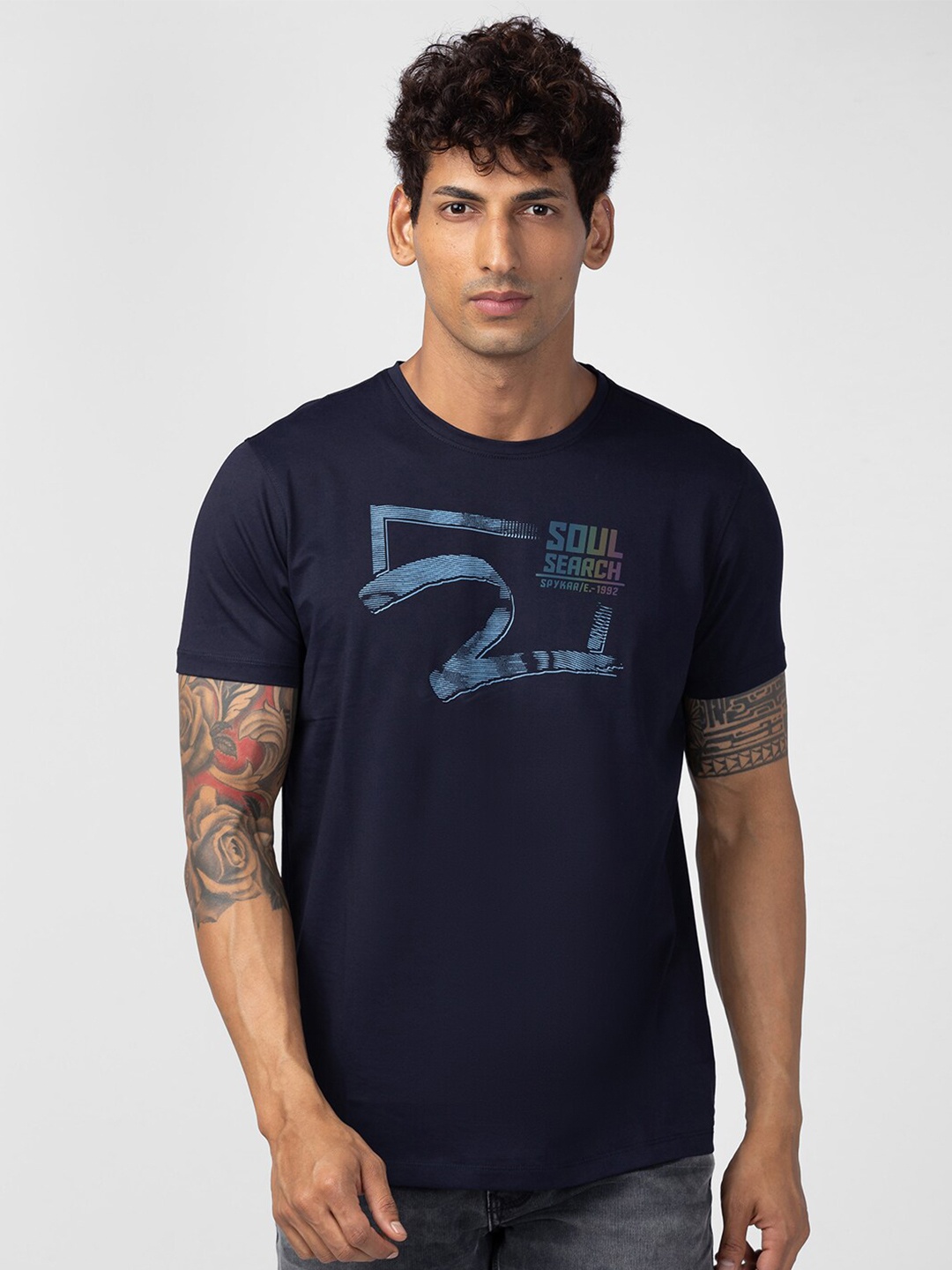 

SPYKAR Men Typography Printed Slim Fit Cotton T-shirt, Navy blue