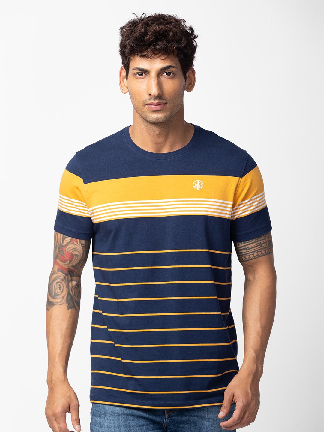 

SPYKAR Men Striped Slim Fit Cotton T-shirt, Navy blue