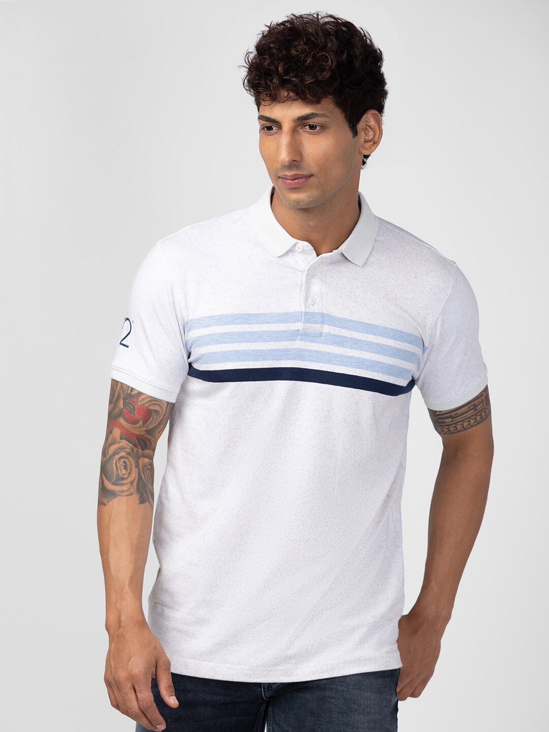 

SPYKAR Men Striped Polo Collar Slim Fit Cotton T-shirt, White