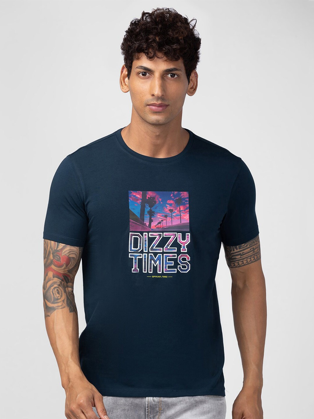 

SPYKAR Men Typography Printed Slim Fit Cotton T-shirt, Blue