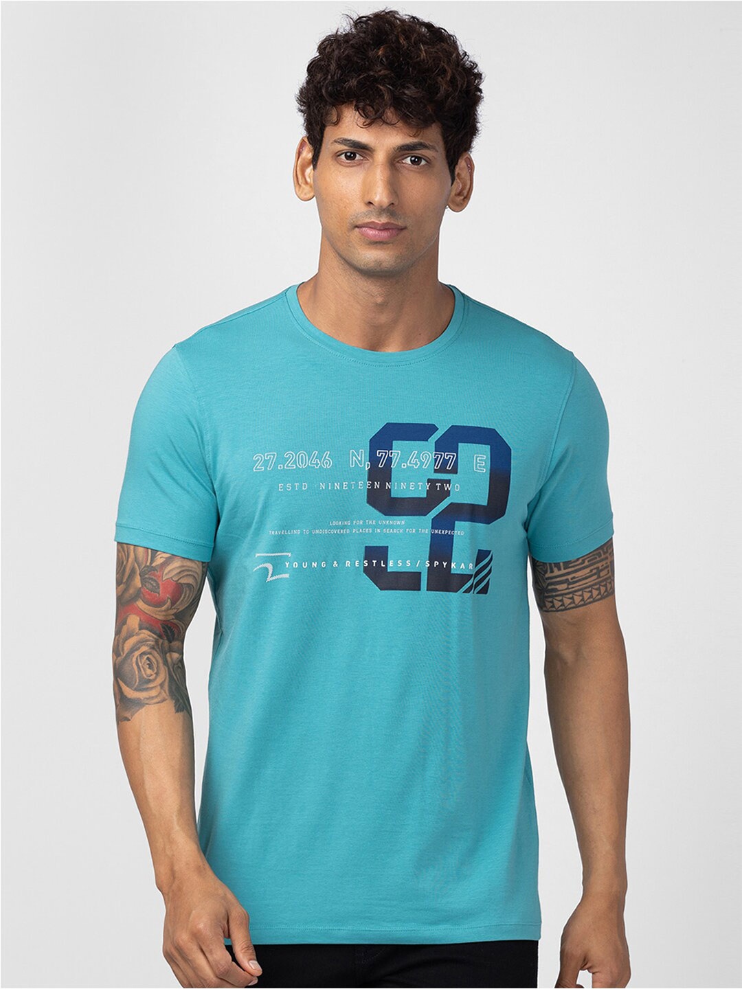 

SPYKAR Men Typography Printed T-shirt, Turquoise blue