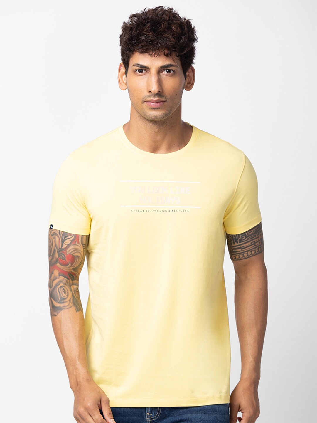 

SPYKAR Men Typography Printed Slim Fit T-shirt, Yellow