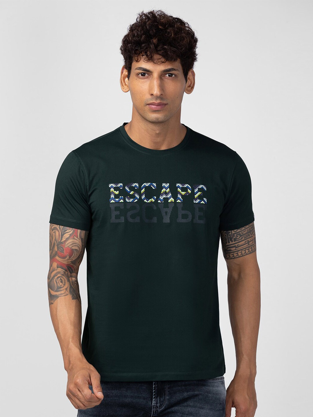 

SPYKAR Men Typography Printed Slim Fit Cotton T-shirt, Green