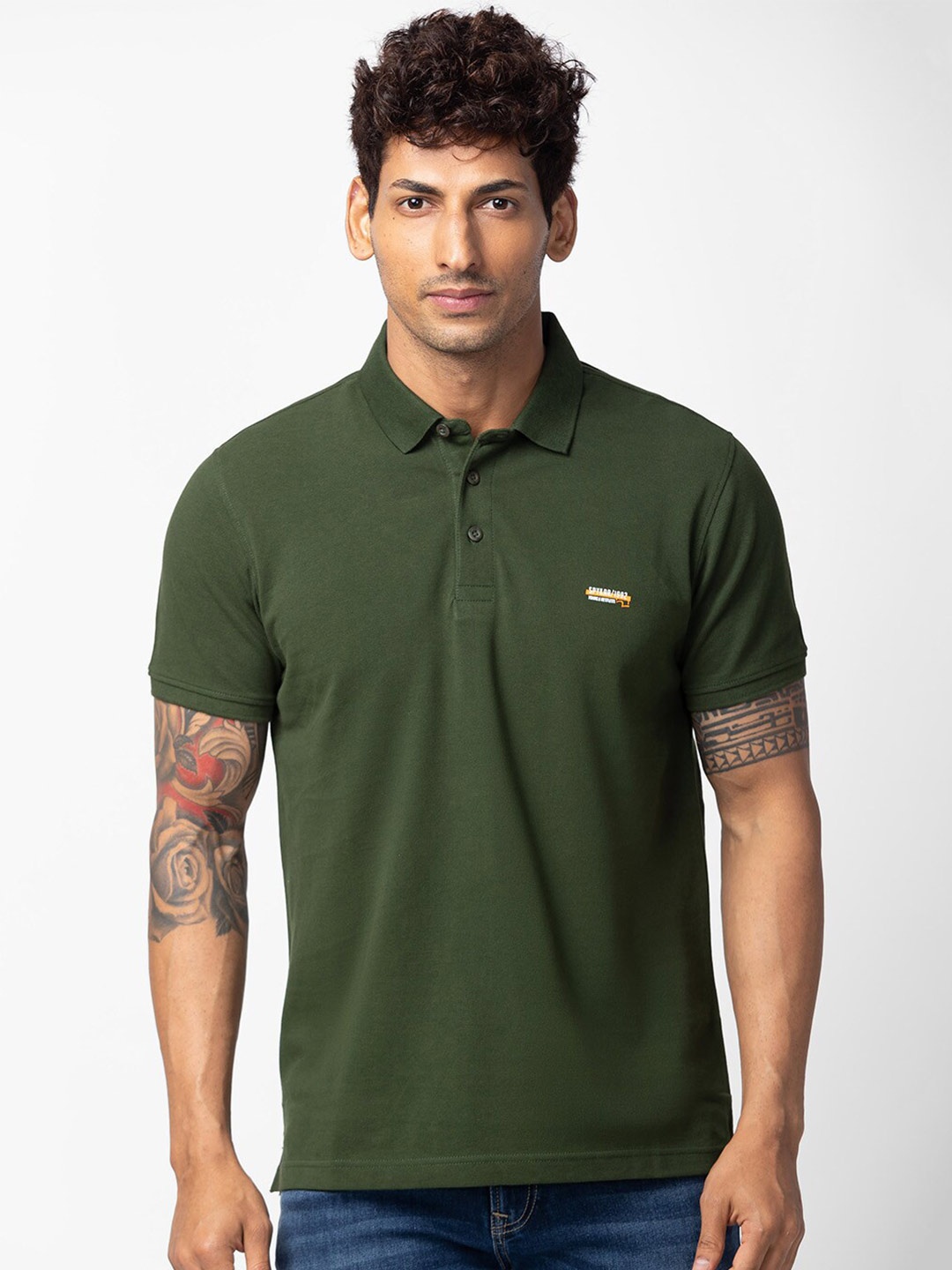 

SPYKAR Men Polo Collar Cotton T-shirt, Olive