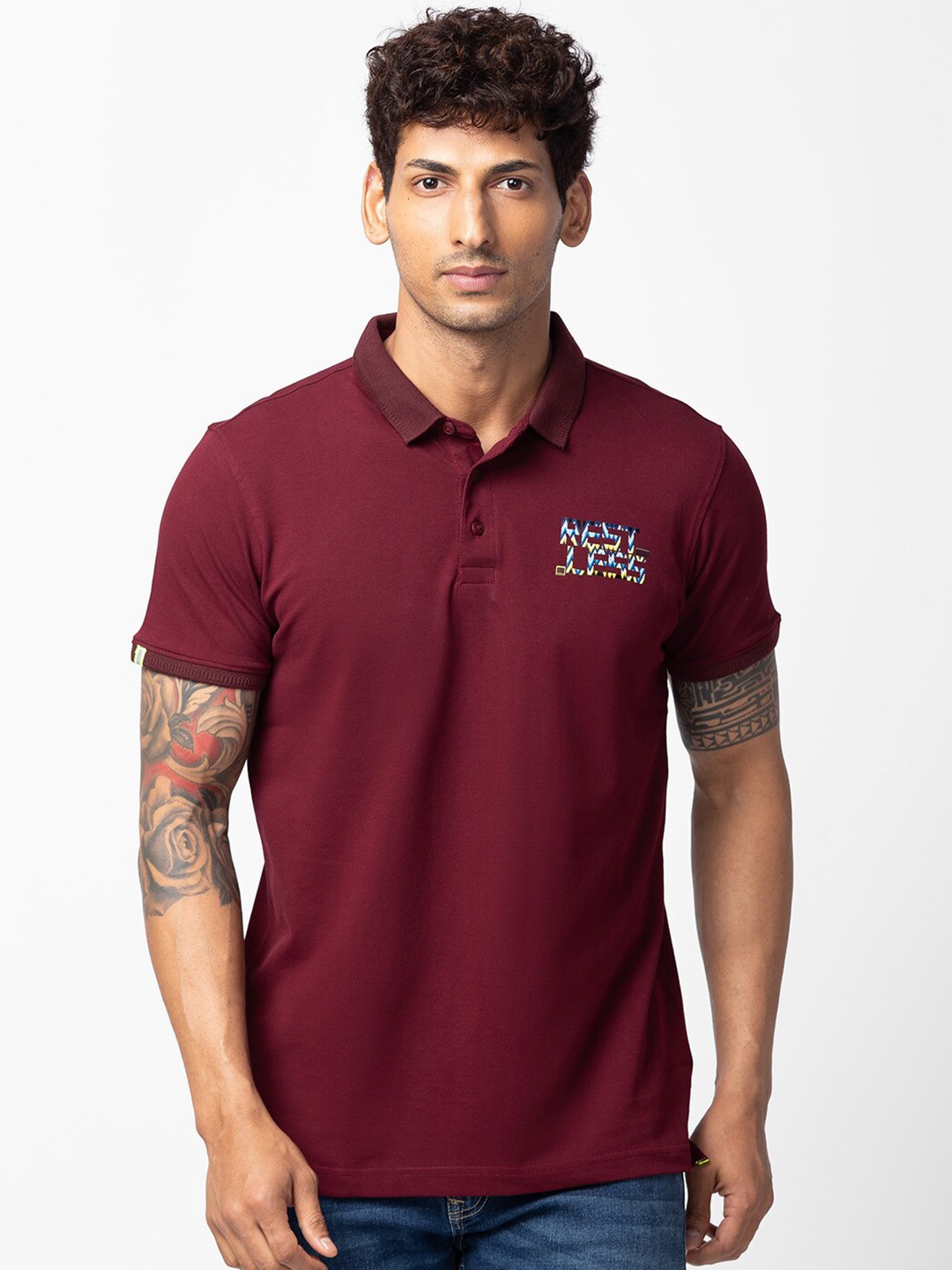 

SPYKAR Men Polo Collar Slim Fit Cotton T-shirt, Maroon