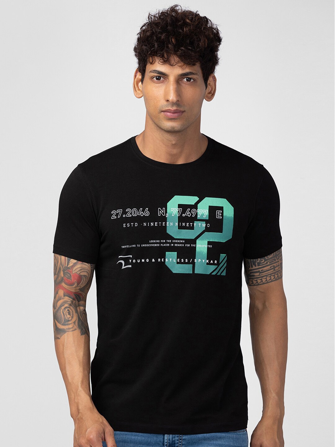 

SPYKAR Men Typography Printed Slim Fit Cotton T-shirt, Black