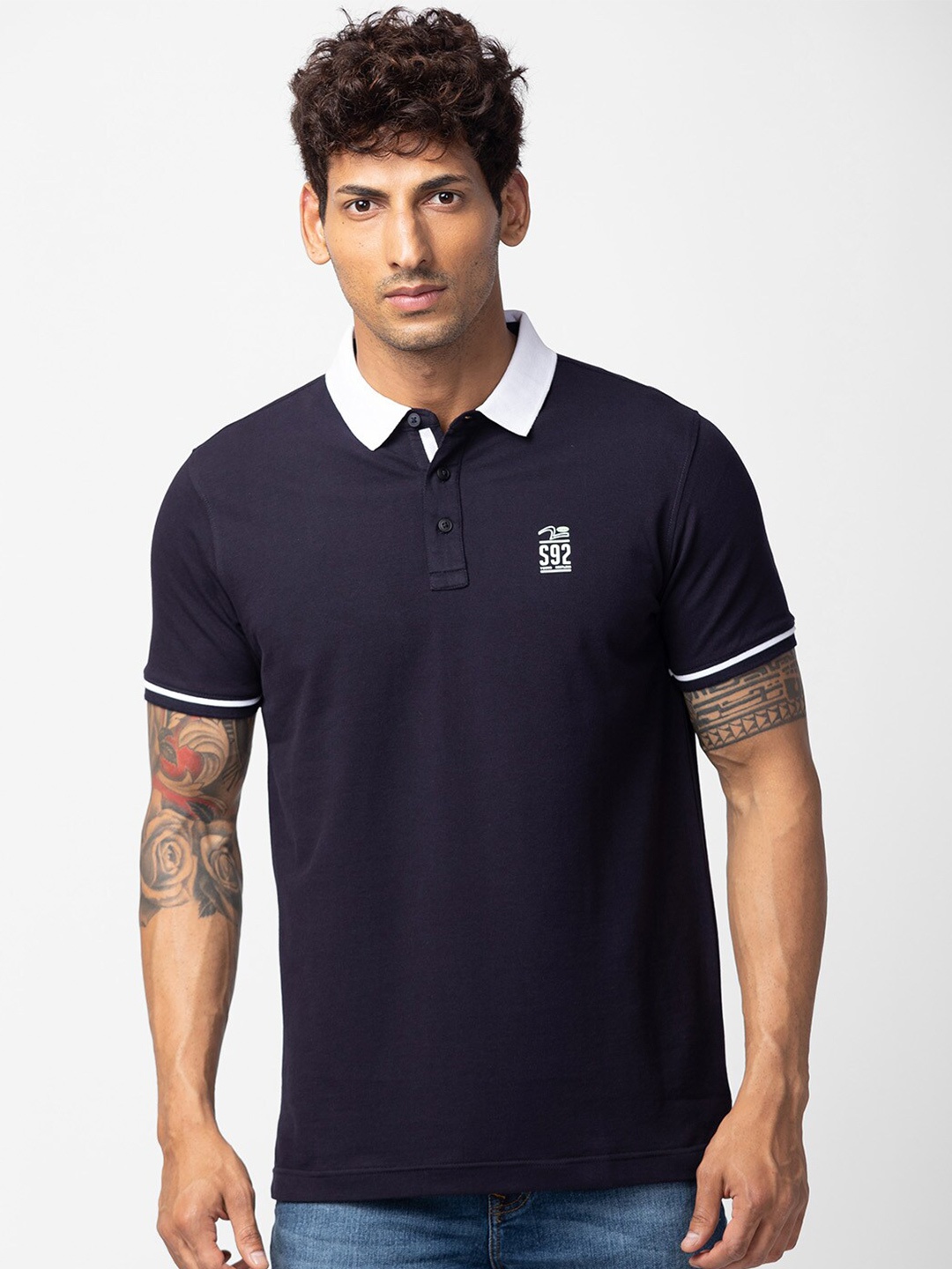 

SPYKAR Men Polo Collar Slim Fit Cotton T-shirt, Navy blue