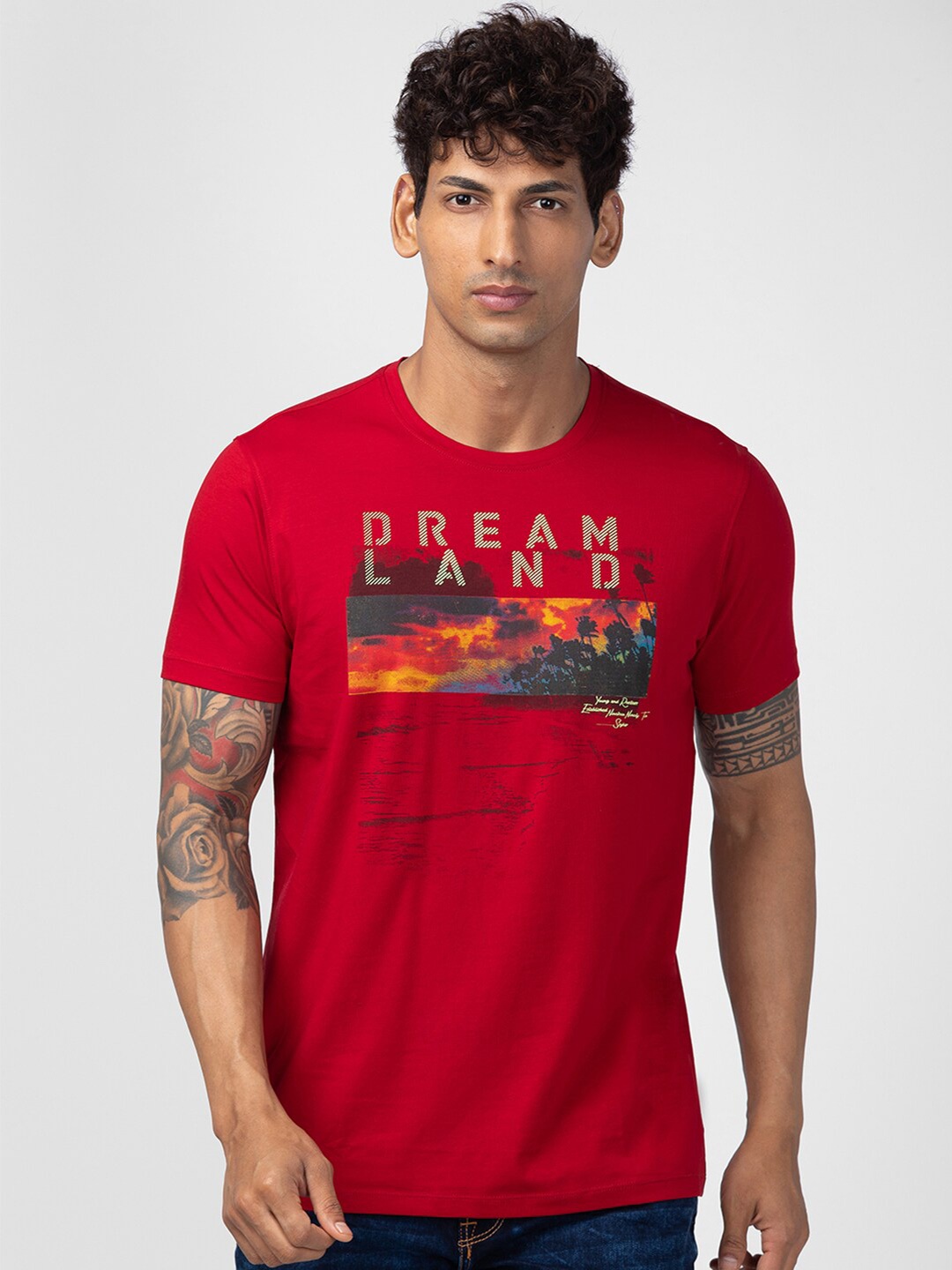 

SPYKAR Men Printed Slim Fit T-shirt, Red