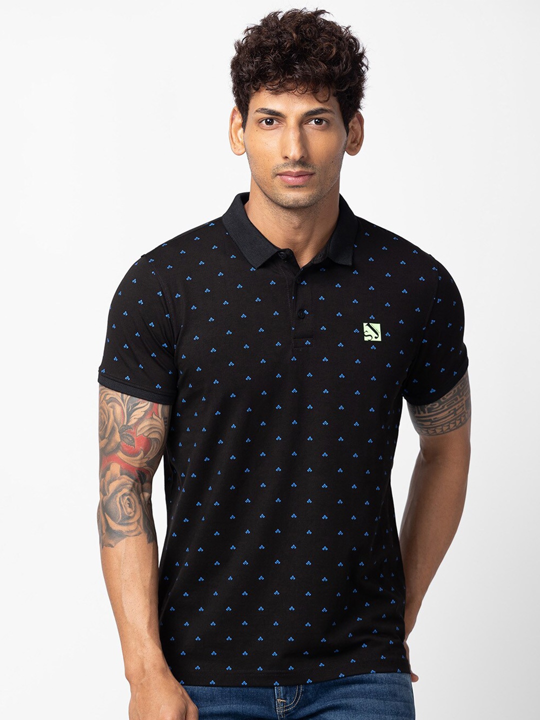 

SPYKAR Men Printed Polo Collar Slim Fit T-shirt, Black