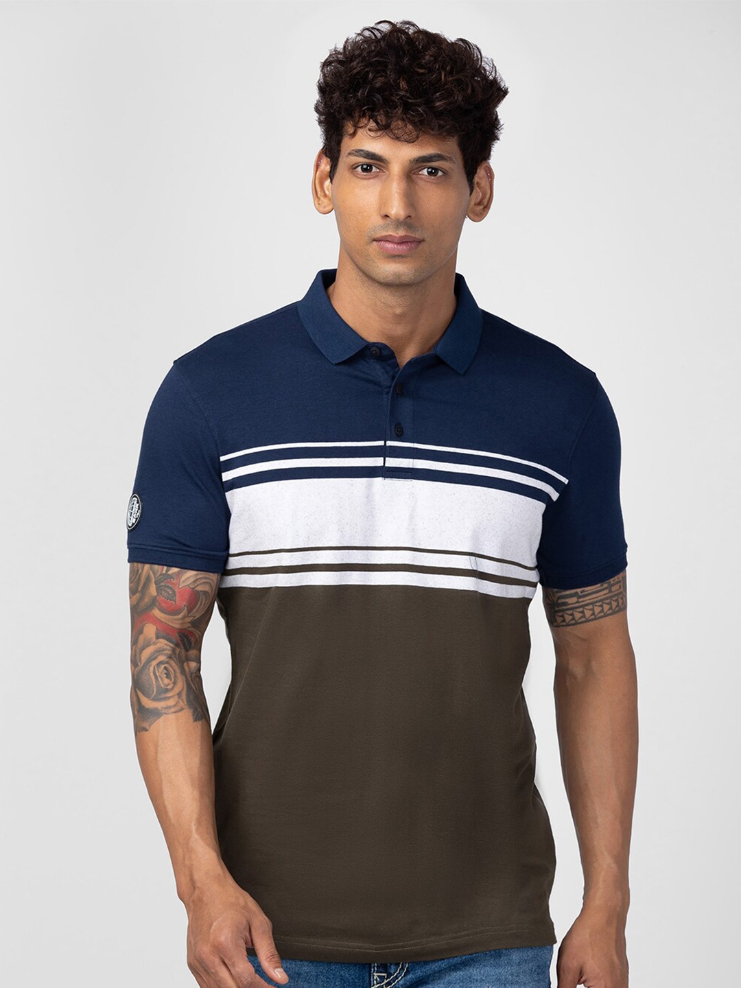 

SPYKAR Men Striped Polo Collar Cotton T-shirt, Olive