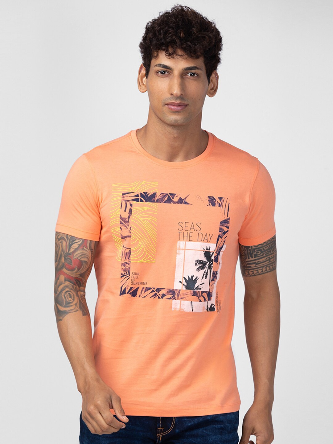 

SPYKAR Men Printed Slim Fit Cotton T-shirt, Coral