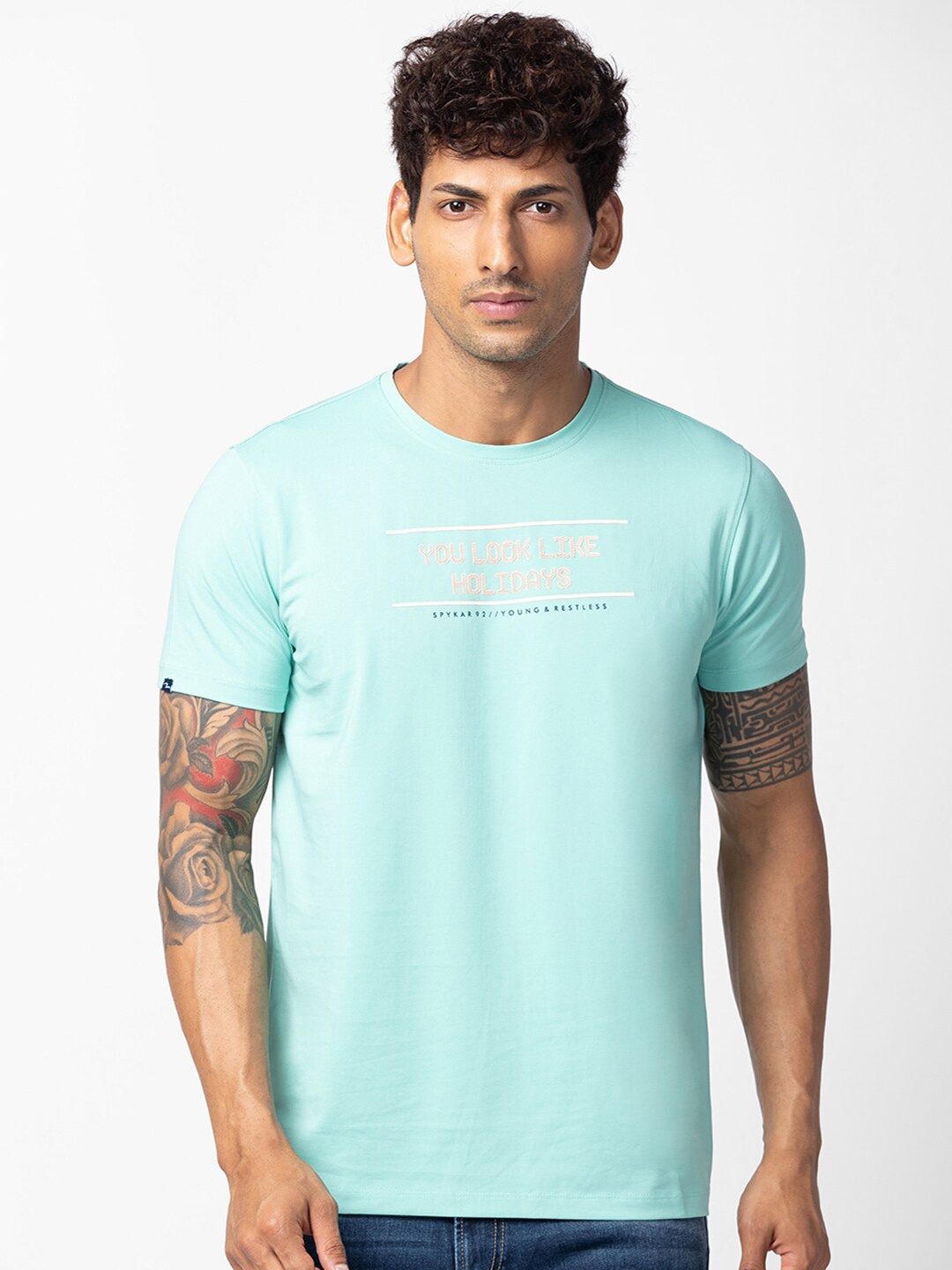 

SPYKAR Men Typography Printed Slim Fit Cotton T-shirt, Sea green