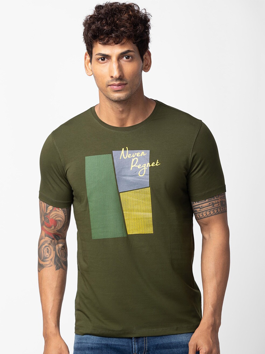 

SPYKAR Men Printed Slim Fit Cotton T-shirt, Green