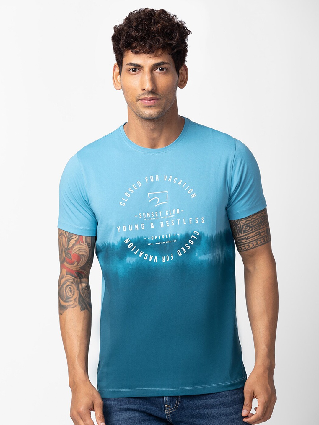

SPYKAR Men Typography Printed Slim Fit Cotton T-shirt, Blue