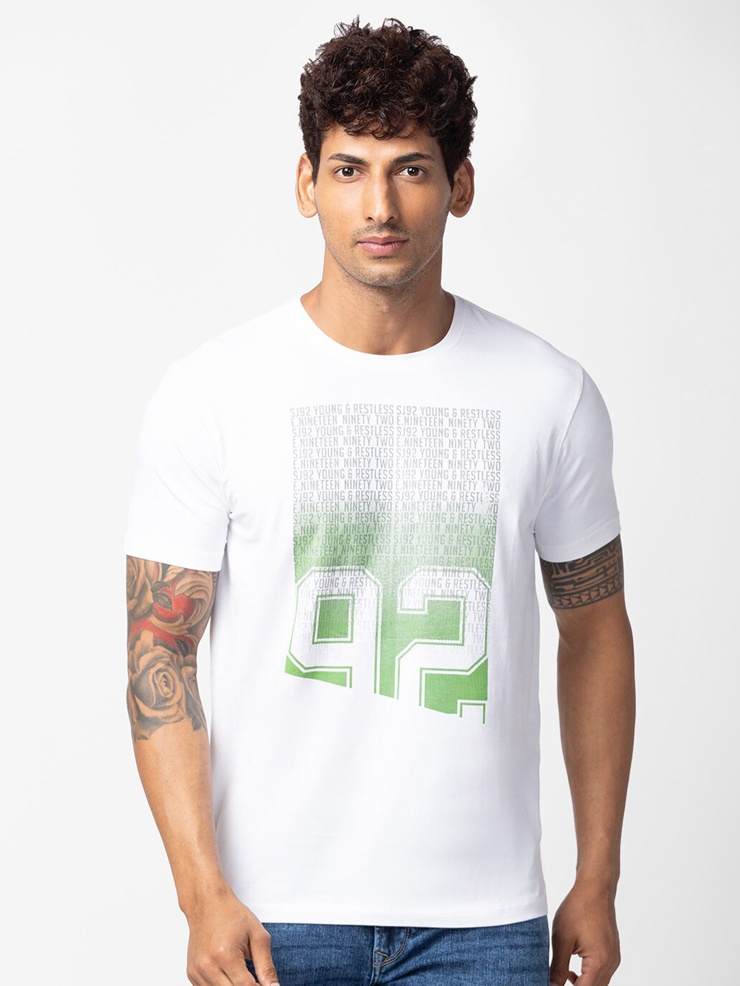 

SPYKAR Men Typography Printed Slim Fit Cotton T-shirt, White