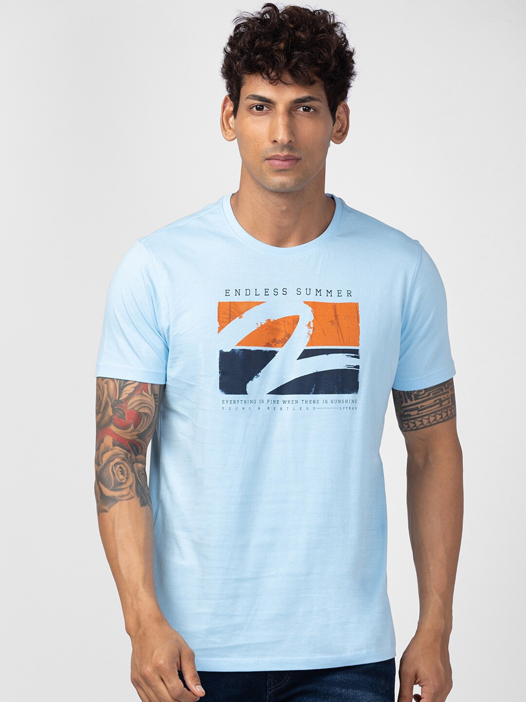 

SPYKAR Men Cotton Graphic Printed Short Sleeves Slim Fit T-shirt, Blue