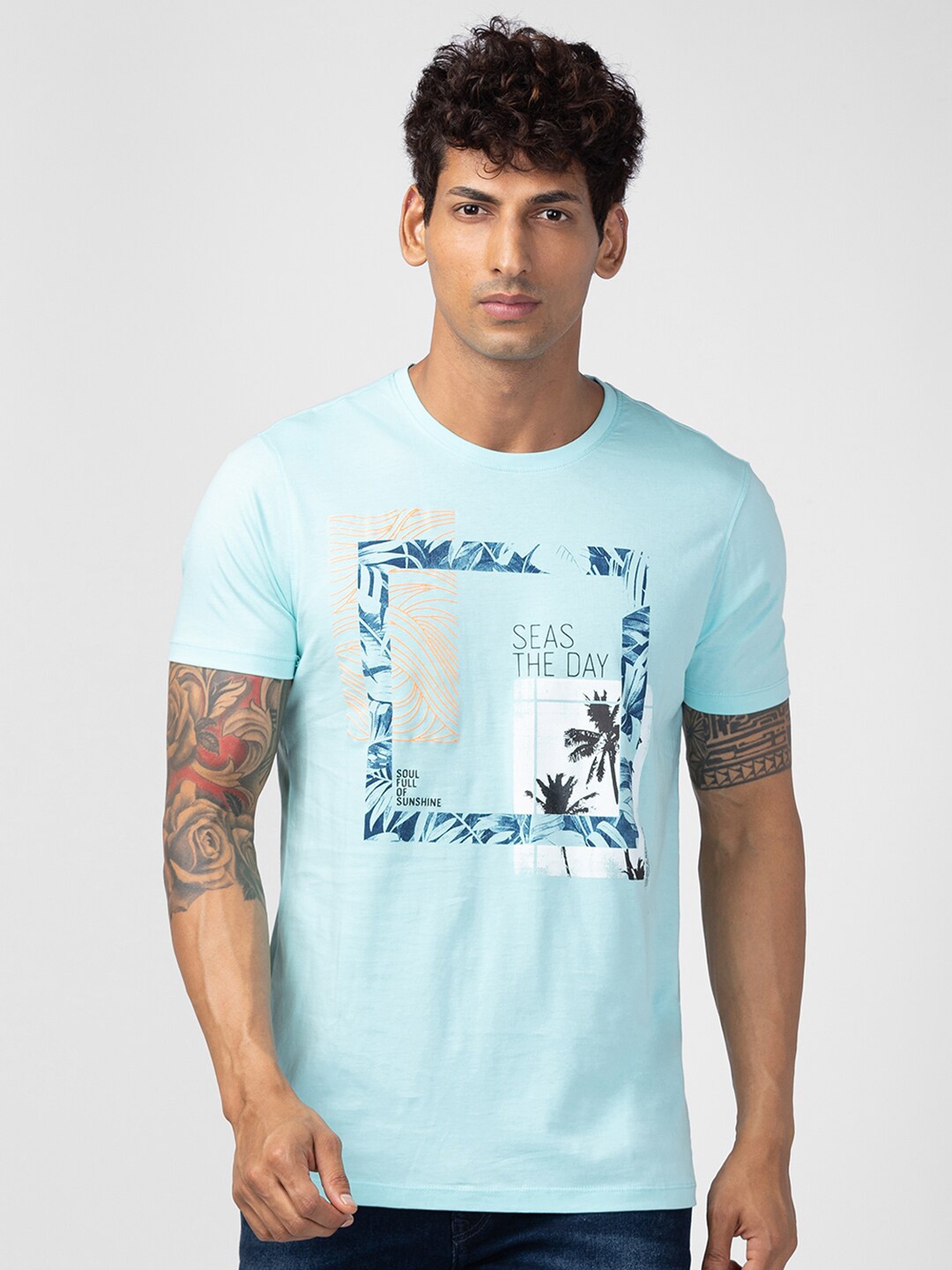 

SPYKAR Men Printed Tropical Slim Fit T-shirt, Blue