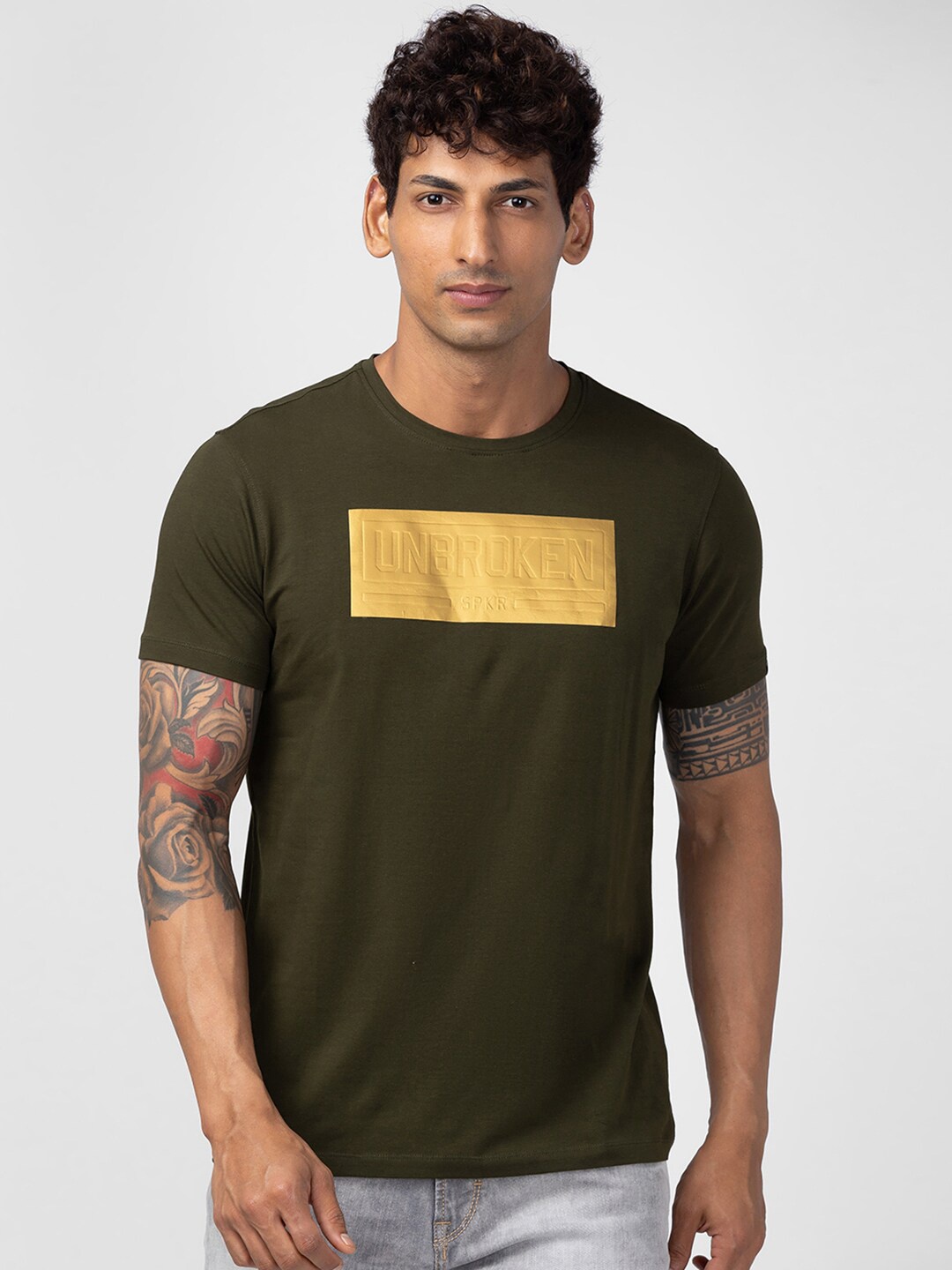 

SPYKAR Men Typography Printed Slim Fit T-shirt, Green