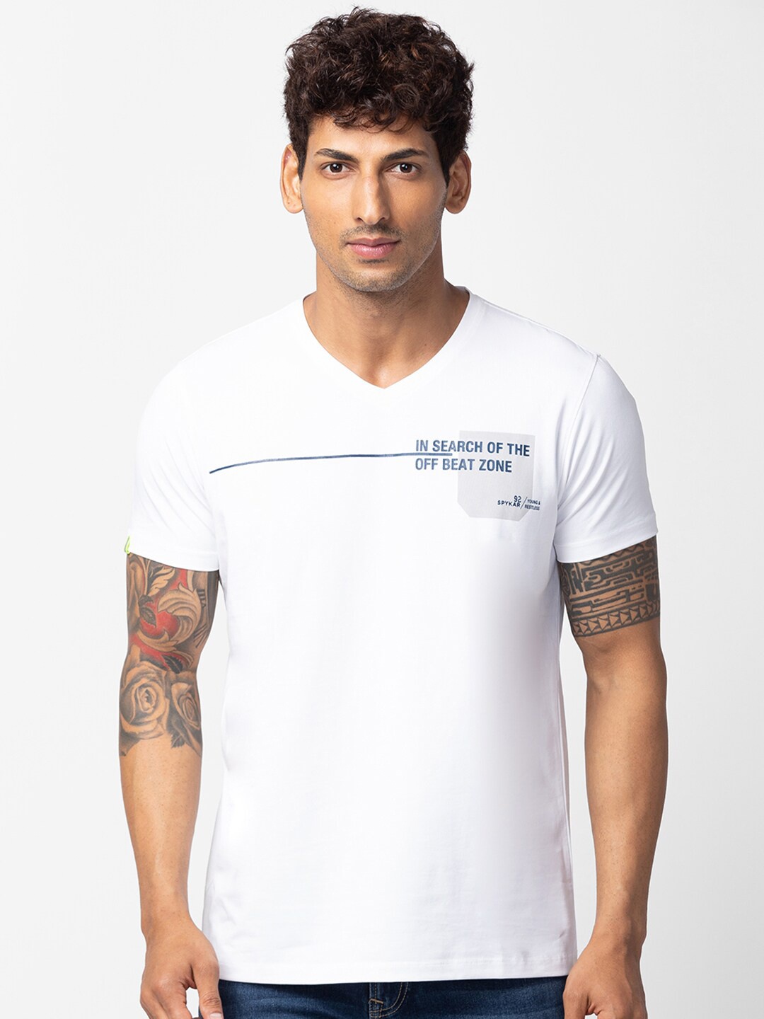 

SPYKAR Men Typography V-Neck Cotton T-shirt, White