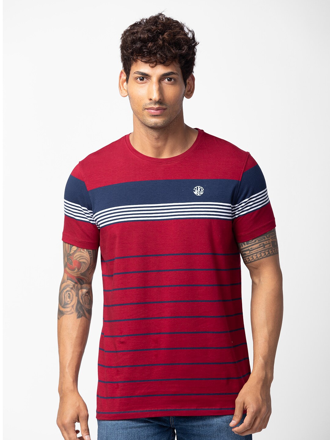 

SPYKAR Men Striped Cotton T-shirt, Red