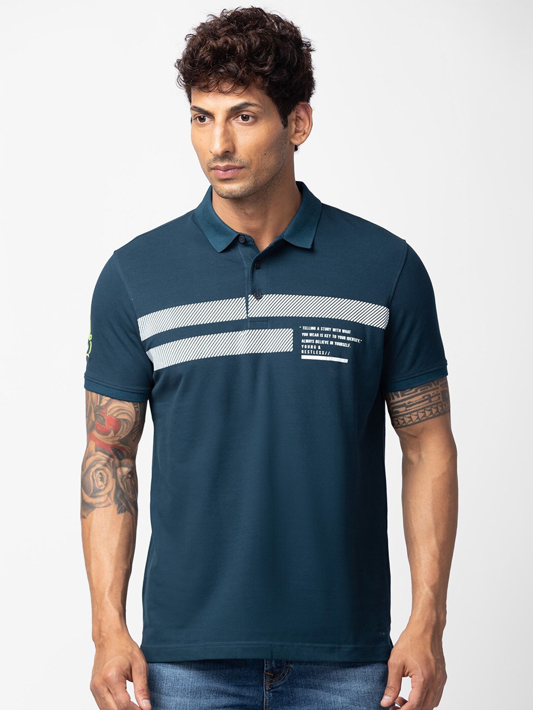 

SPYKAR Men Printed Polo Collar Cotton T-shirt, Blue