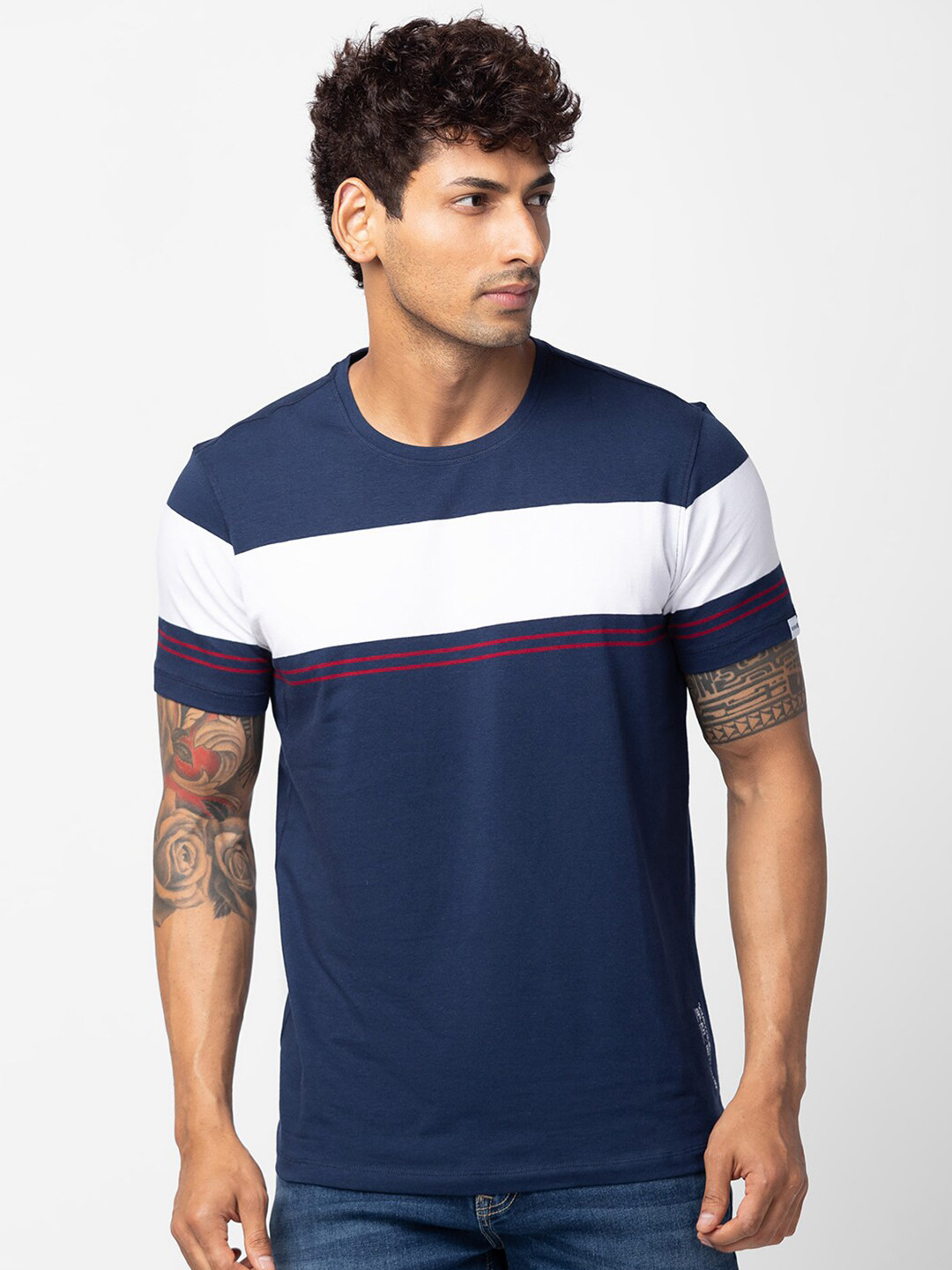 

SPYKAR Men Cotton Colourblocked T-shirt, Navy blue