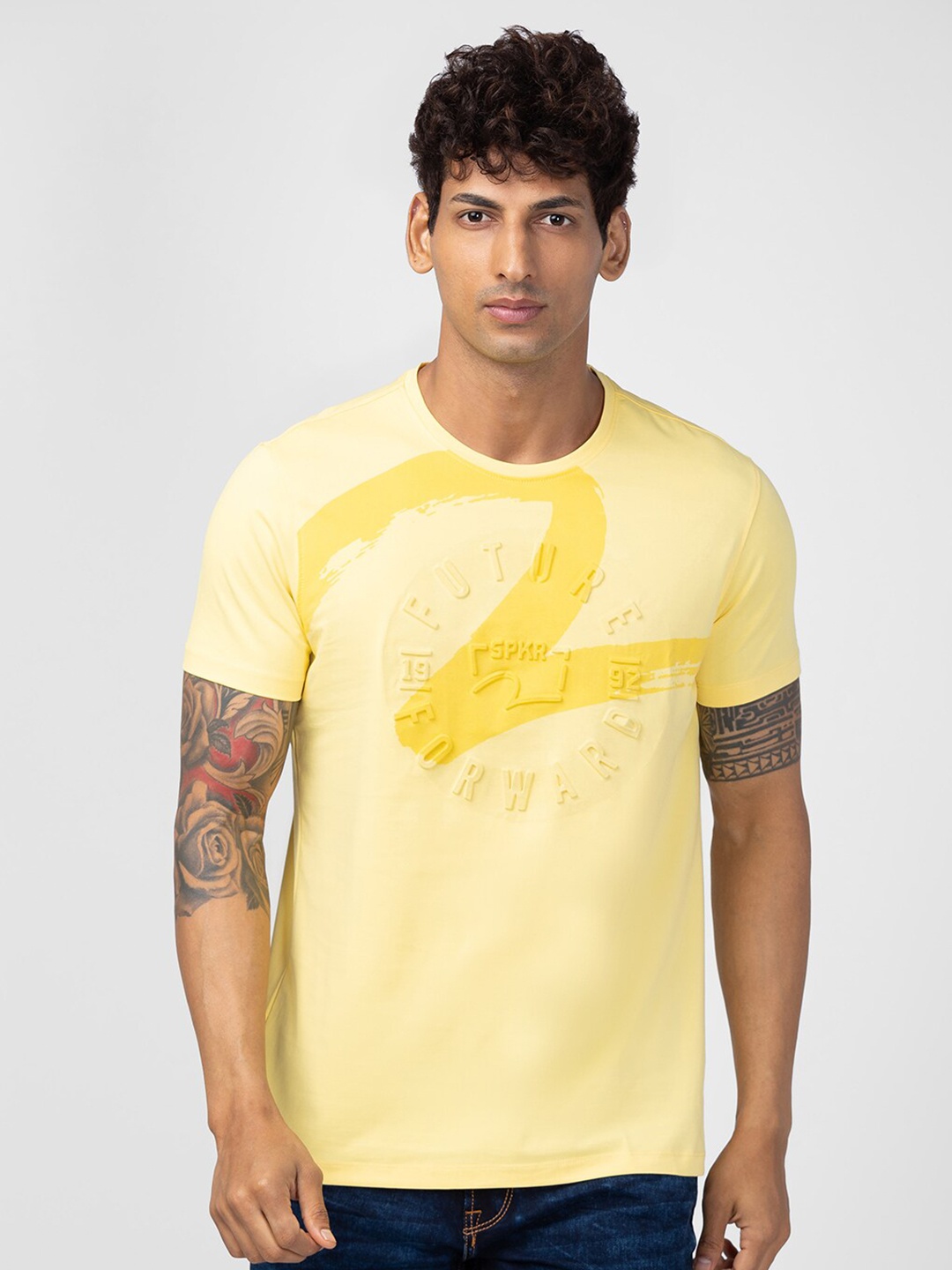 

SPYKAR Men Cotton Typography Printed Slim Fit T-shirt, Yellow