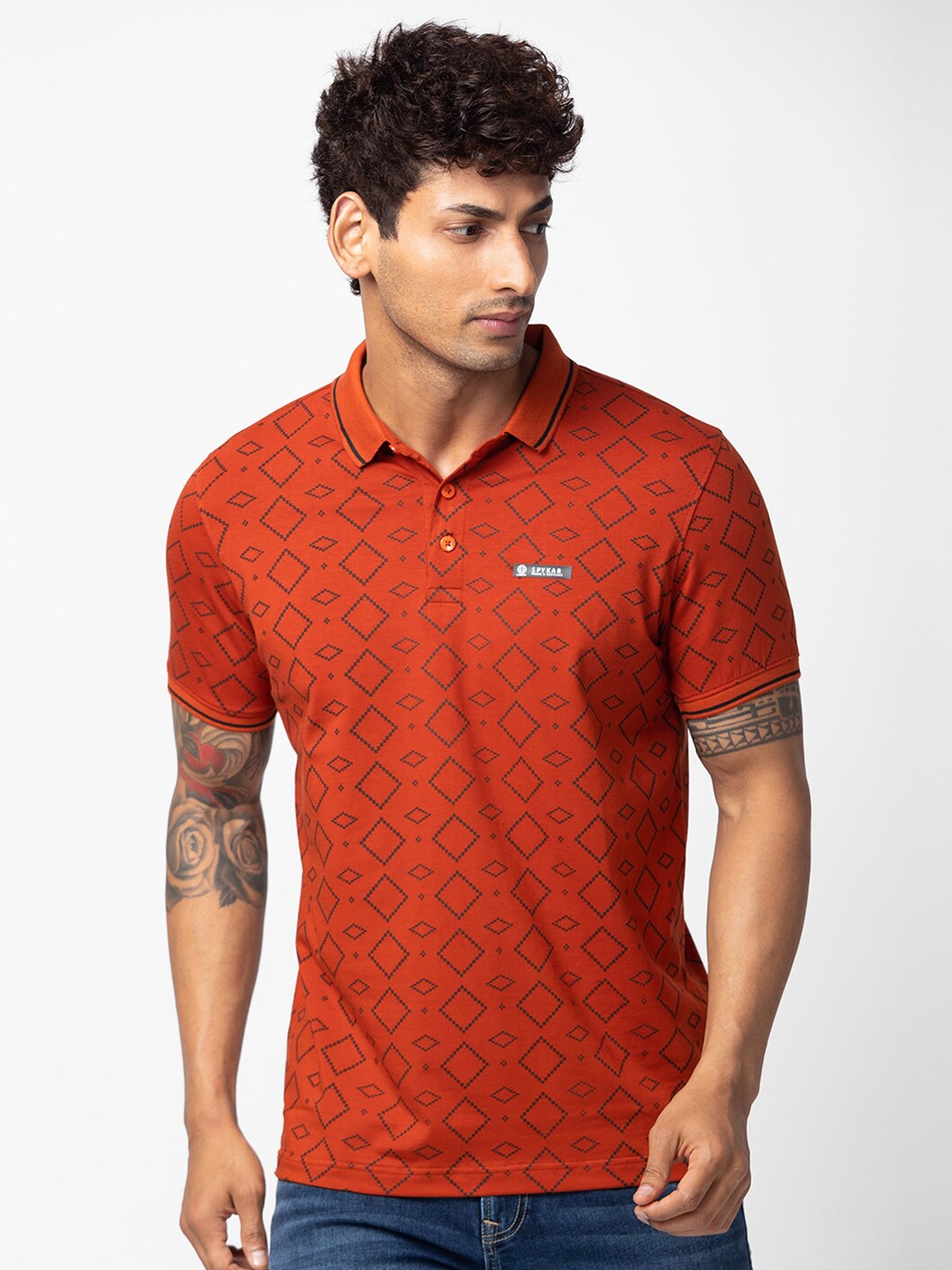 

SPYKAR Men Cotton Printed Polo Collar T-shirt, Orange