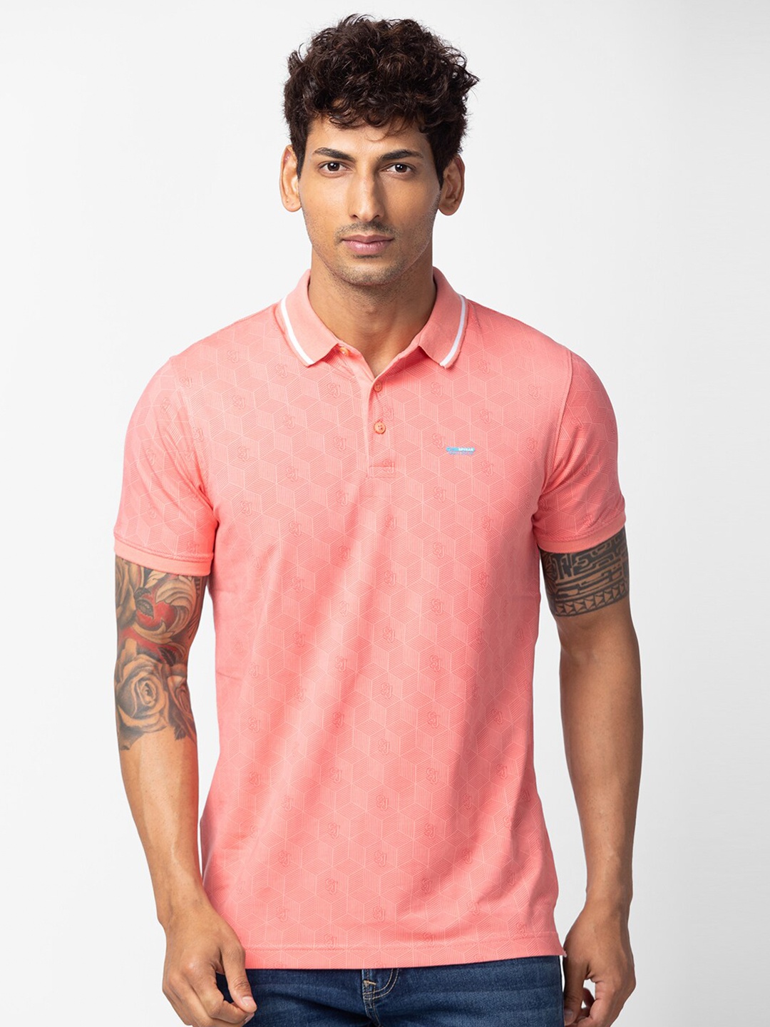 

SPYKAR Men Cotton Printed Polo Collar T-shirt, Pink