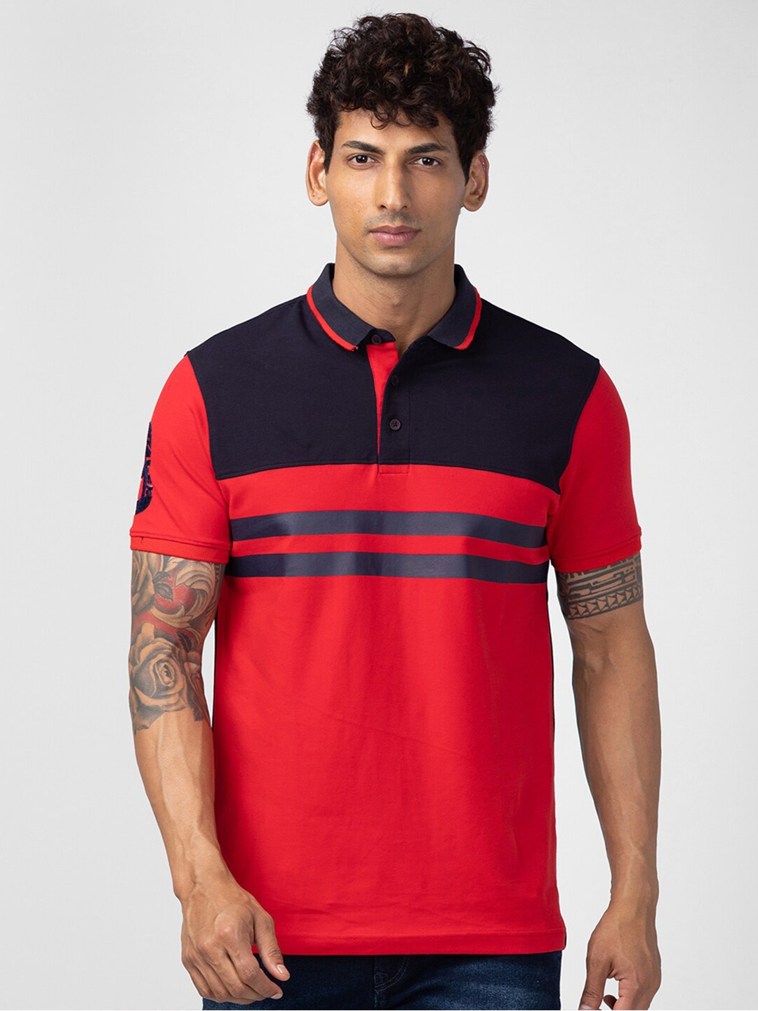 

SPYKAR Men Cotton Striped Polo Collar Slim Fit T-shirt, Red