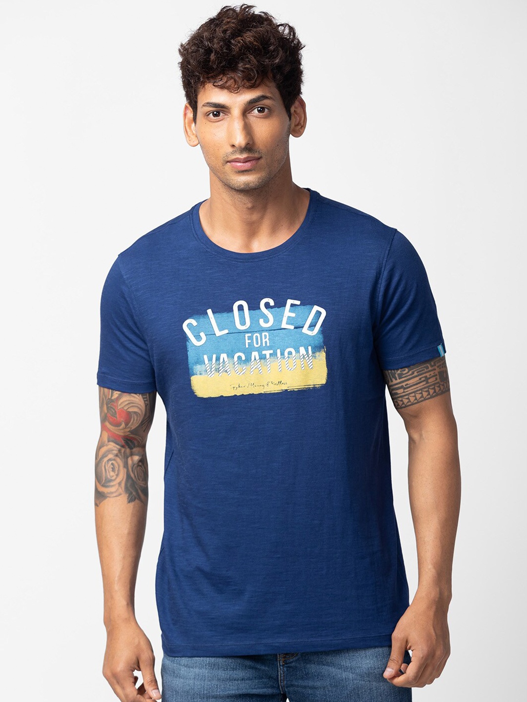 

SPYKAR Men Typography Printed Slim Fit Cotton T-shirt, Blue