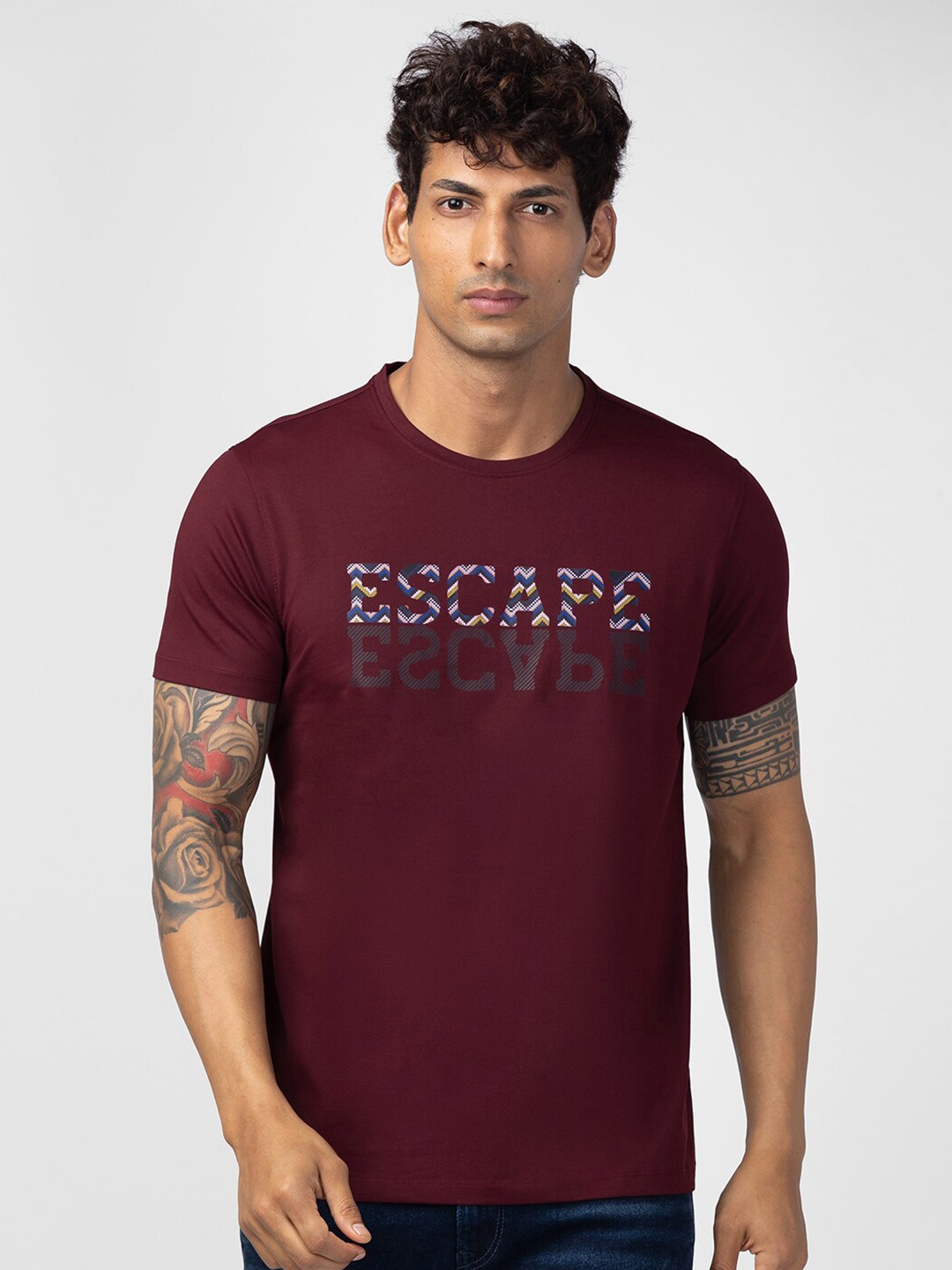 

SPYKAR Men Typography Printed Slim Fit Cotton T-shirt, Maroon