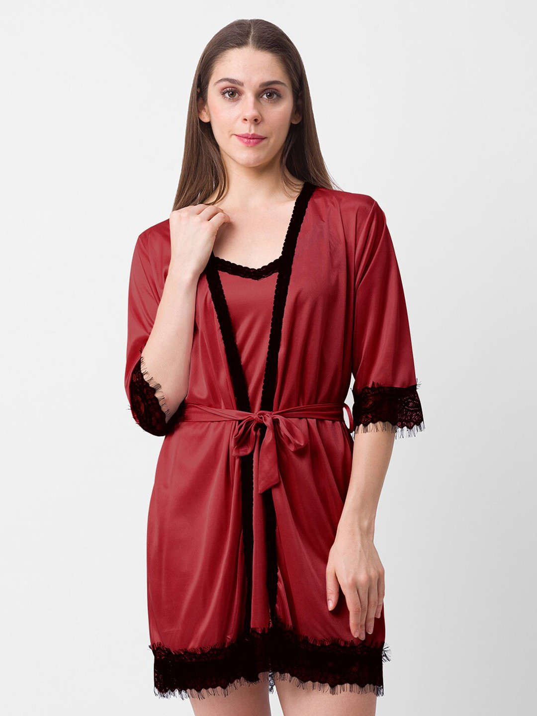 

FashionRack Satin Shoulder Straps Baby Doll Comes With Robe, Maroon