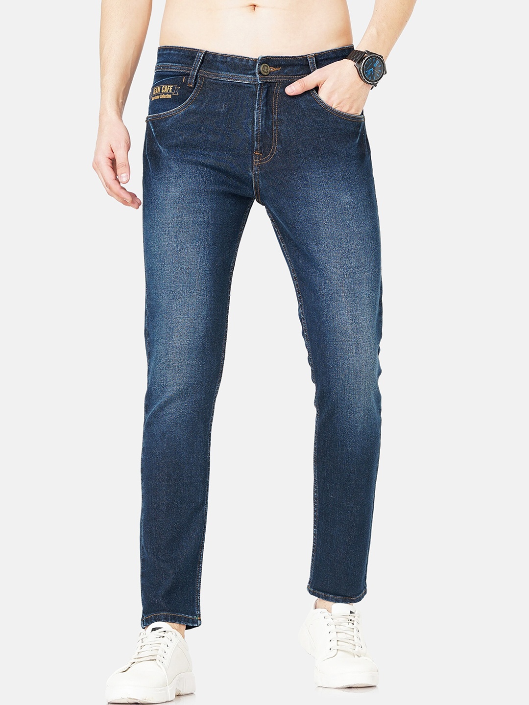 

Jean Cafe Men Jean Skinny Fit Low Distress Light Fade Cotton Jeans, Blue