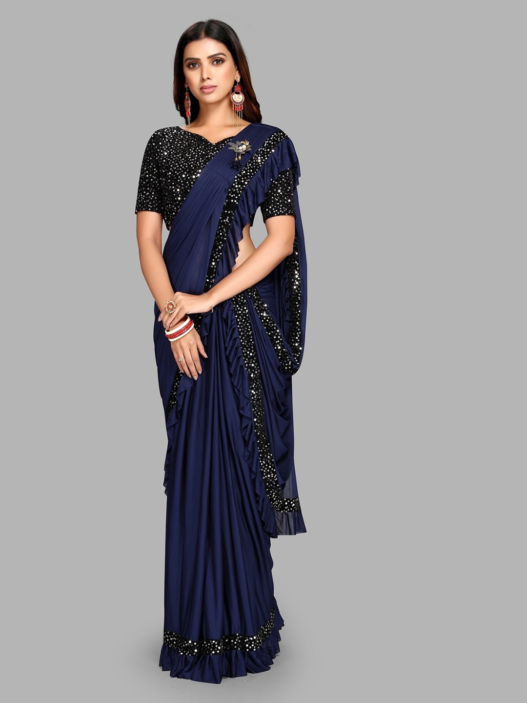 

Ethnic Yard Blue Sequinned Ruffled Saree