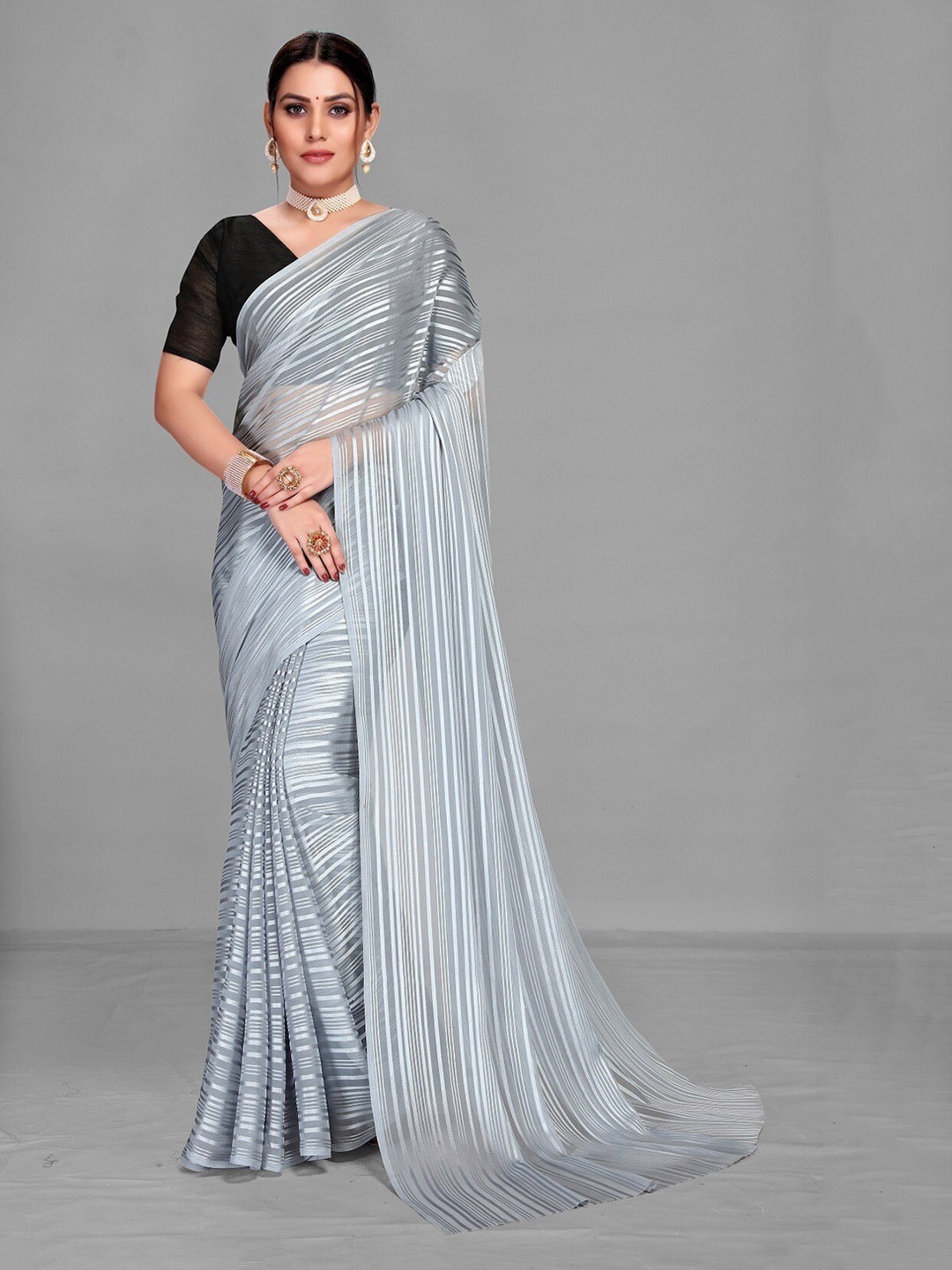 

Ethnic Yard Striped Pure Georgette Saree, Grey