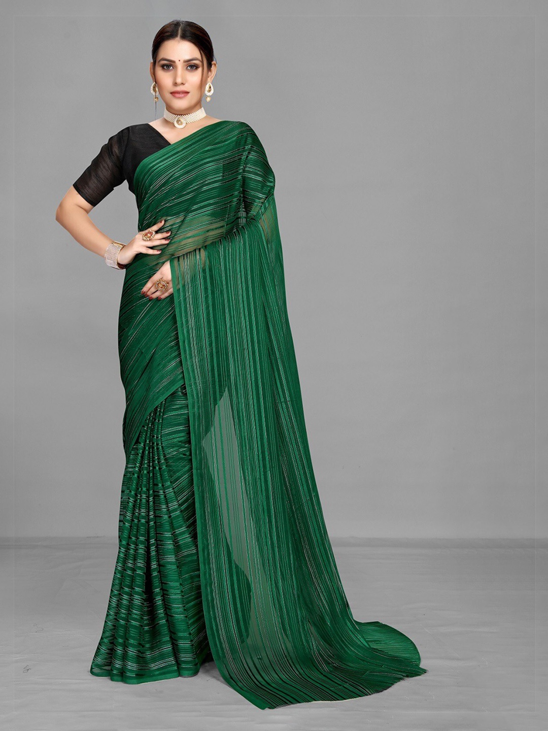 

Ethnic Yard Green Striped Saree