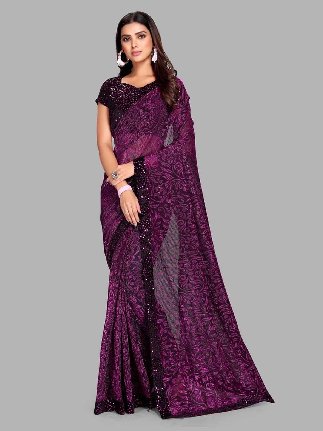 

Ethnic Yard Purple Floral Sequinned Saree