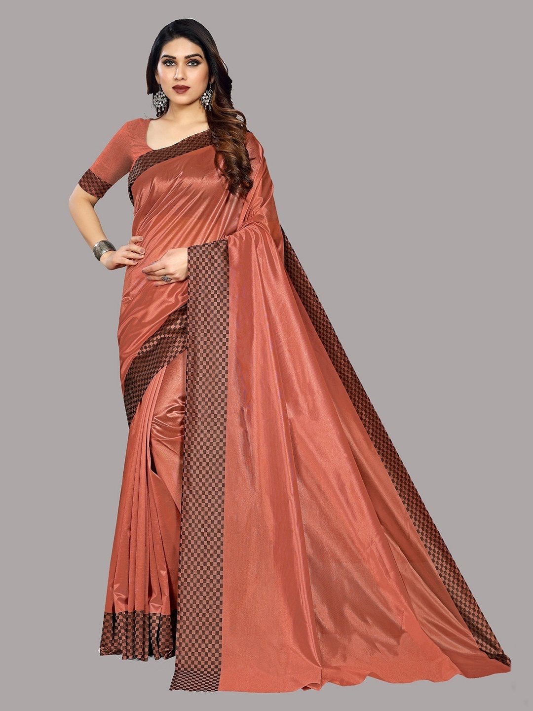 

Ethnic Yard Peach-Coloured Solid Saree