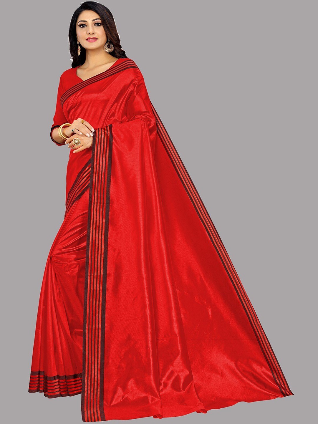 

Ethnic Yard Striped Border Saree, Red